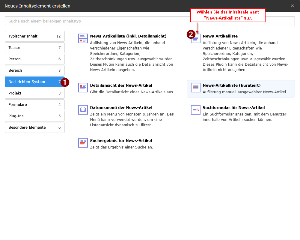 Screenshot TYPO3 Inhaltselement News-Artikelliste auswählen