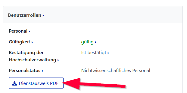 Das Bild zeigt einen Screenshot des Serviceportal mit dem Block "Benutzerrollen". Ein roter Pfeil zeigt auf die Schaltfläche "Dienstausweis PDF".