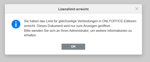Das Bild zeigt eine Fehlermeldung in der Sciebo Weboberfläche - Es sind nicht genügend OnlyOffice Lizenzen verfügbar