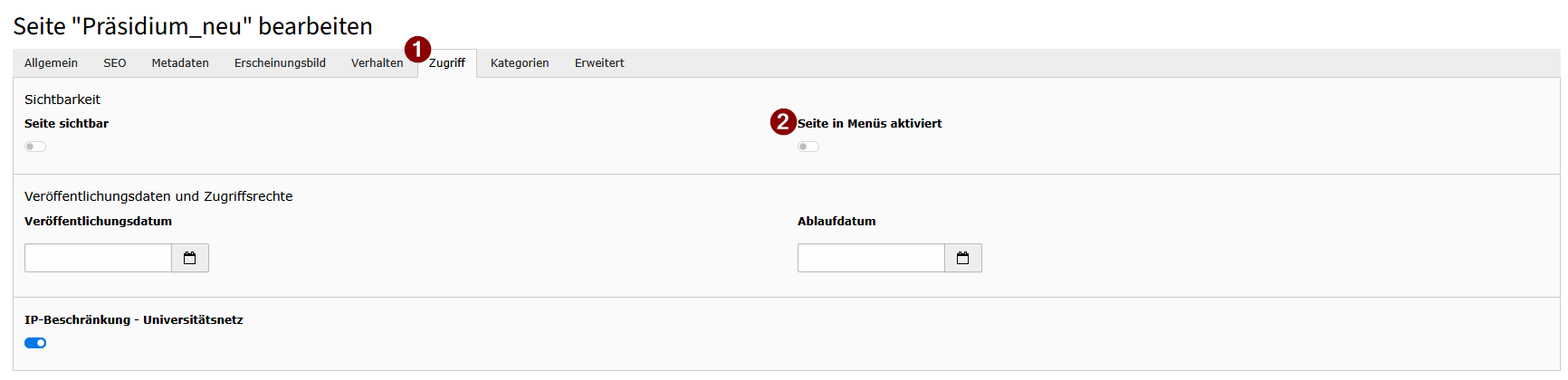 Screenshot TYPO3 – Burger-Menü: Funktion "in Menüs aktivieren" in den Seiteneigenschaften.