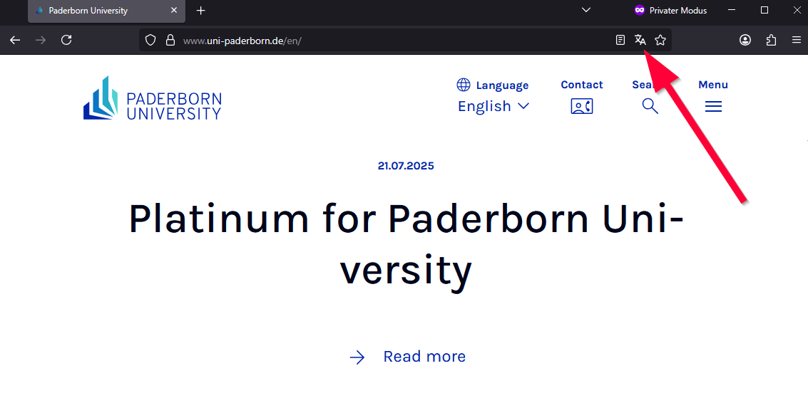 The image shows the symbol for starting page translation in the address bar of Firefox