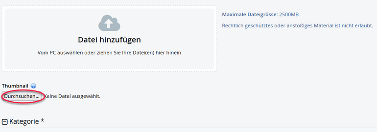 Das Bild zeigt die Schaltfläche zum hochladen von Videos und hinzufügen von Thumbnails