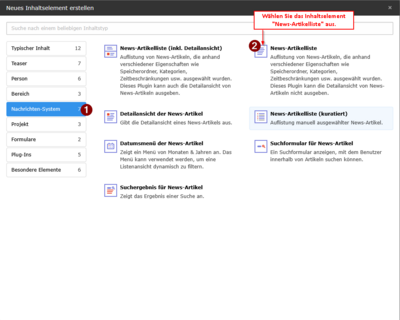 Screenshot TYPO3 Inhaltselement News-Artikelliste auswählen