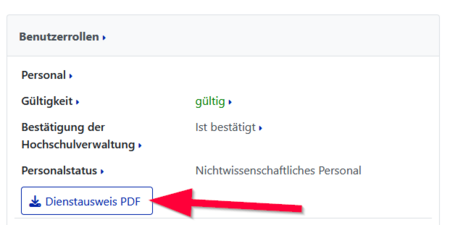 Das Bild zeigt einen Screenshot des Serviceportal mit dem Block "Benutzerrollen". Ein roter Pfeil zeigt auf die Schaltfläche "Dienstausweis PDF".
