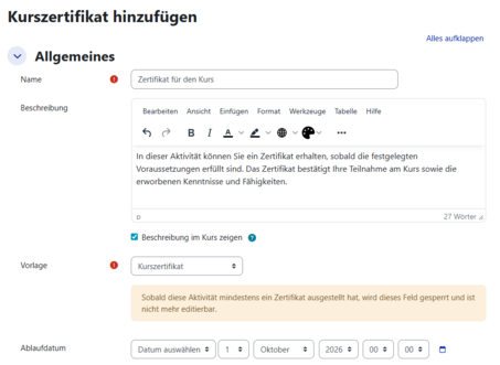 Allgemeine Einstellungen zum Kurszertifikat